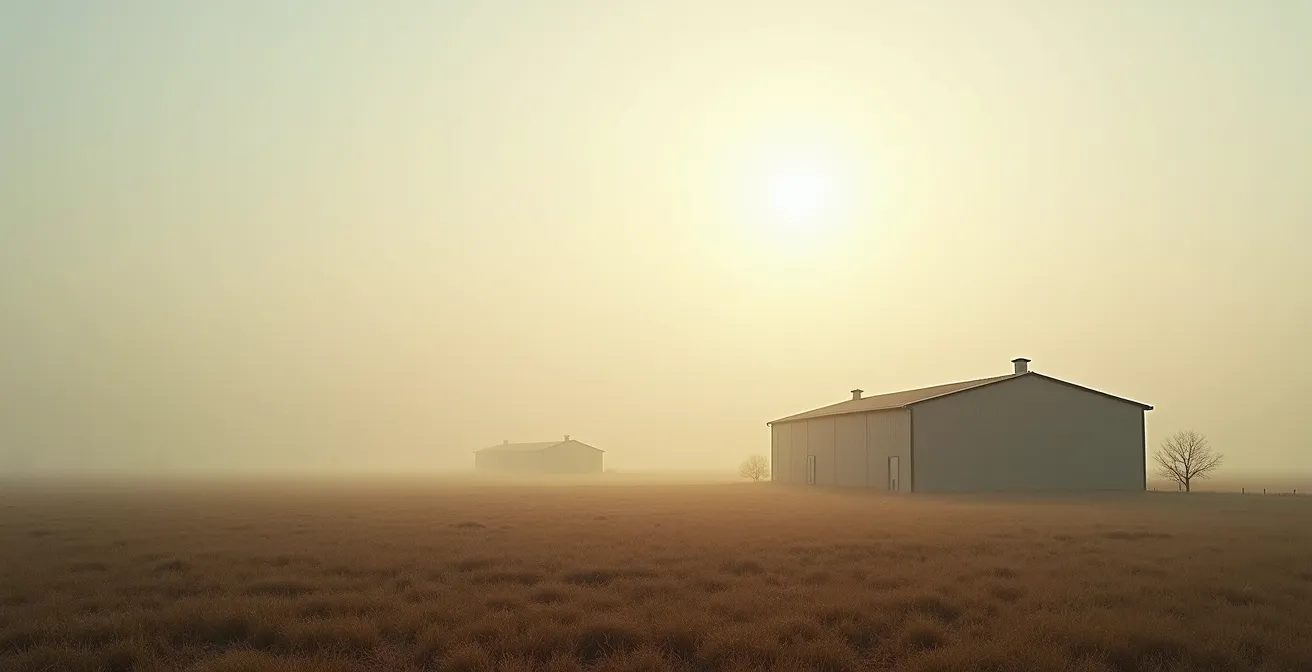 Perspective environnementale d'une exploitation agricole moderne avec bâtiments connectés
