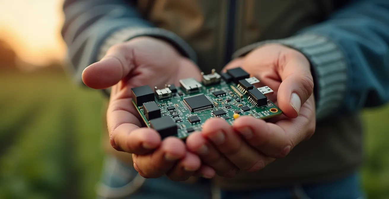 Vue macro des mains d'agriculteur manipulant des capteurs connectés